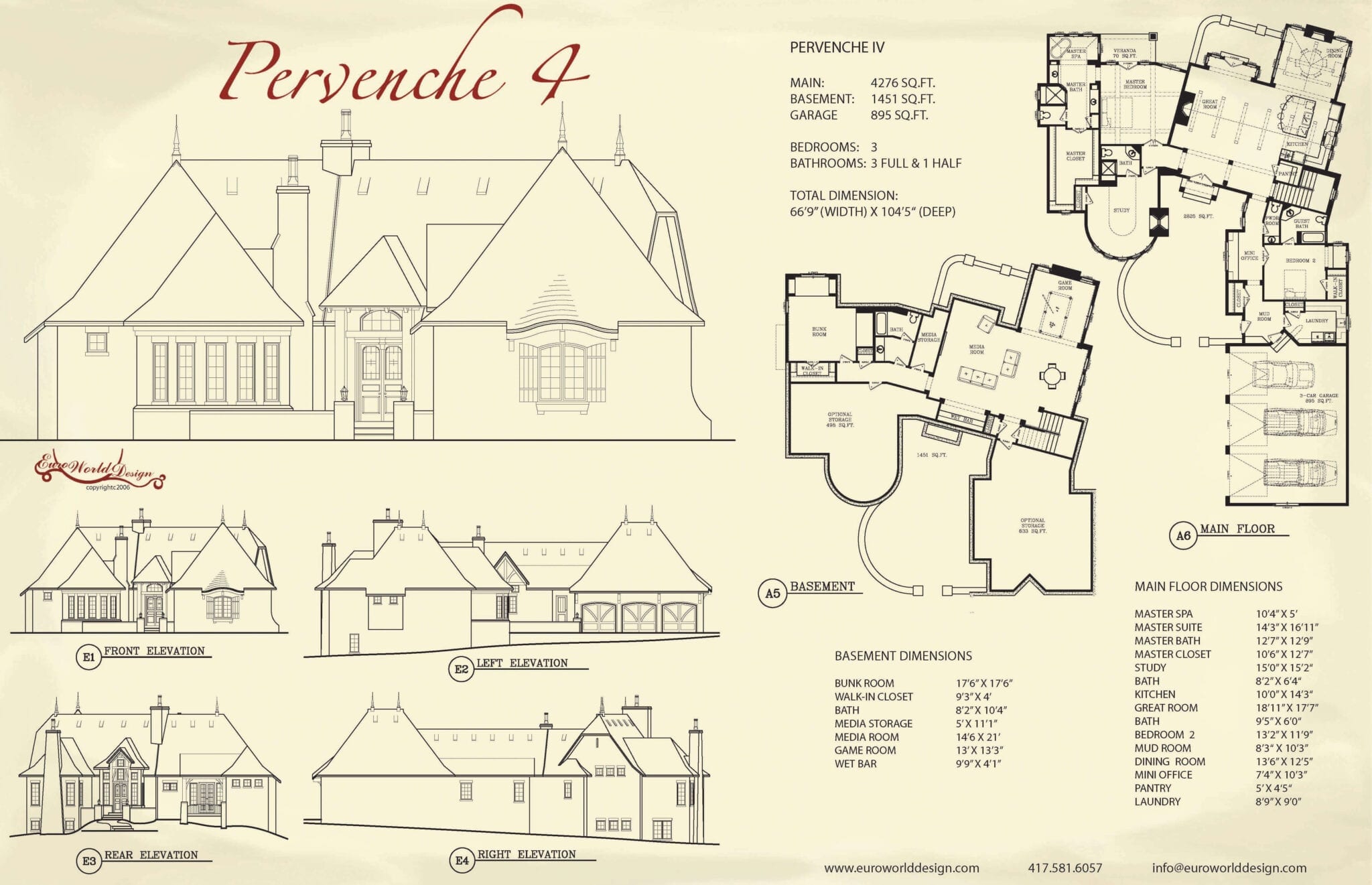 Pervenche IV — Courtyard Cottages collection European house plan, 4,276 sq ft, 3 bedrooms, 5 baths